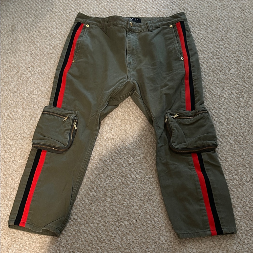 P.E Nation Denim Olive Cargo Pants with Red Stripe